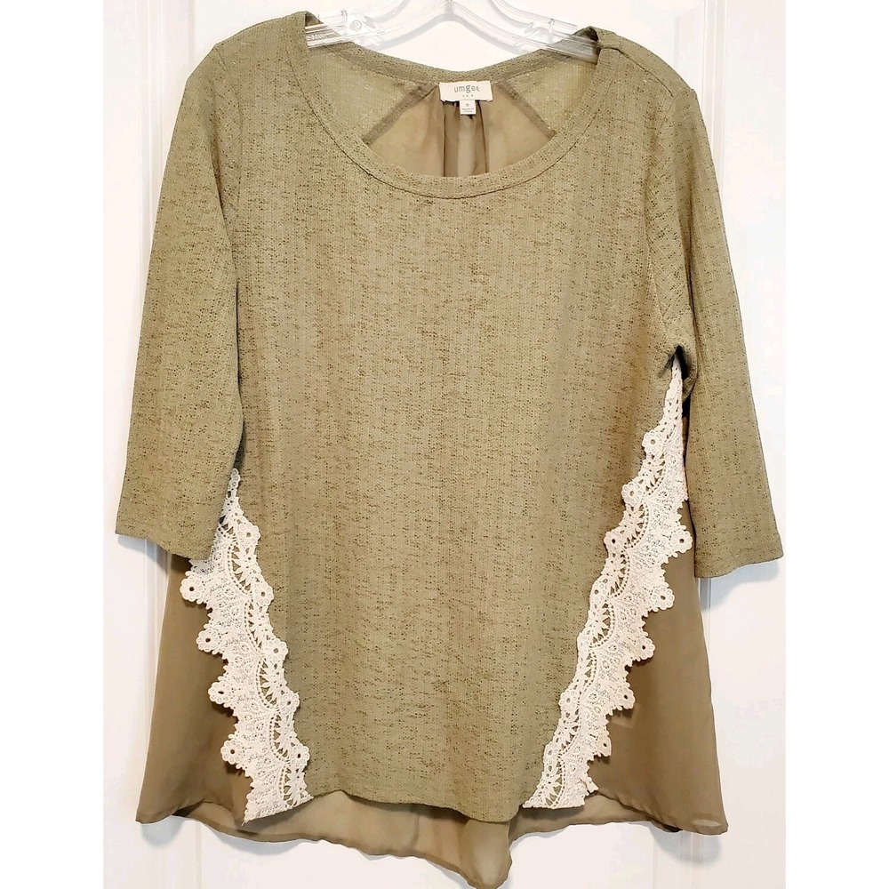 Umgee Women's Small Boho Sage Green Tunic Top Crochet Trim Detail Sheer Back